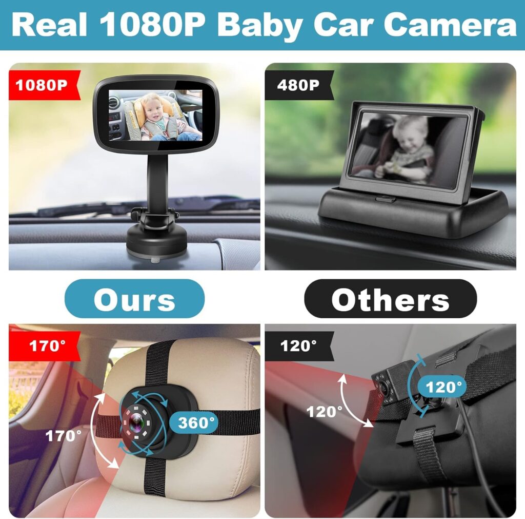 1080P Baby Car Mirror, Shybaby 4.3 Baby Car Camera Monitor 170° Wide View, HD Night Vision Function and Reusable Sucker Bracket, Safety Rear Facing Car Set Camera Infants Kids Toddlers Black : Baby