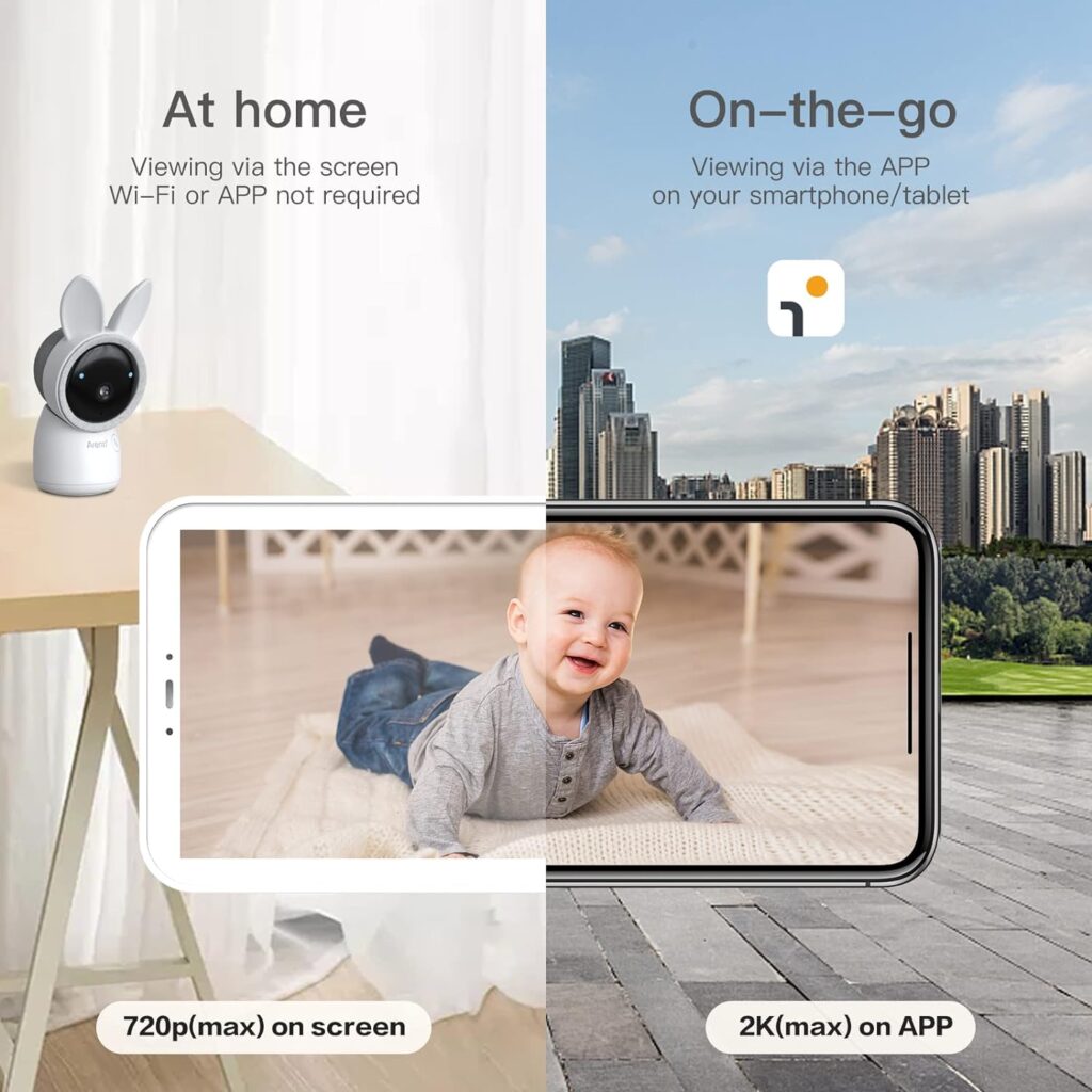 ARENTI Video Baby Monitor, Audio Monitor with 2K Ultra HD WiFi Camera,5 Color Display,Night Vision,Lullabies,Cry Detection,Motion Detection,Temp  Humidity Sensor,Two Way Talk,App Control