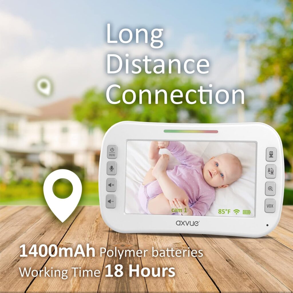 Axvue Video Baby Monitor, Comfortable Slim Design Handheld Enclosure, 4.3 Screen Monitor  2 Camera, Range up to 1000ft, 12 Hour Battery Life, 2-Way Talk, Night Vision, Temperature Monitor, No WiFi.