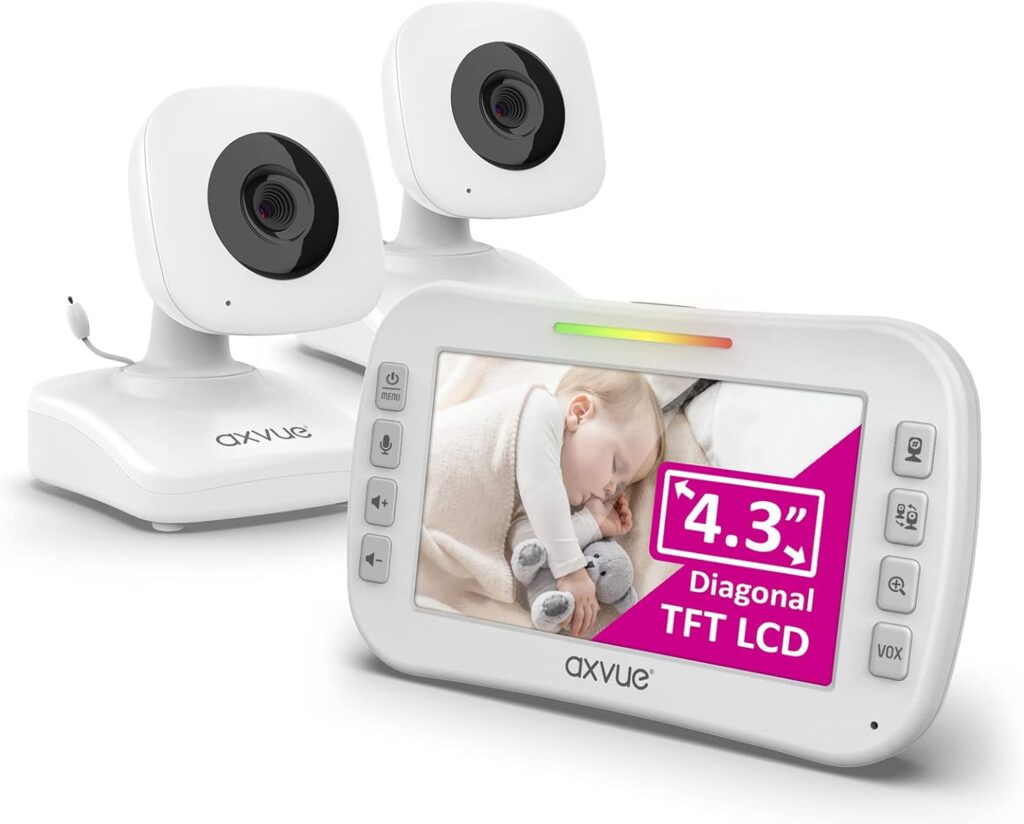 Axvue Video Baby Monitor, Comfortable Slim Design Handheld Enclosure, 4.3 Screen Monitor  2 Camera, Range up to 1000ft, 12 Hour Battery Life, 2-Way Talk, Night Vision, Temperature Monitor, No WiFi.