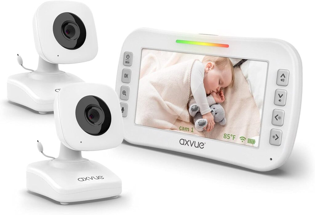 Axvue Video Baby Monitor, Comfortable Slim Design Handheld Enclosure, 4.3 Screen Monitor  2 Camera, Range up to 1000ft, 12 Hour Battery Life, 2-Way Talk, Night Vision, Temperature Monitor, No WiFi.