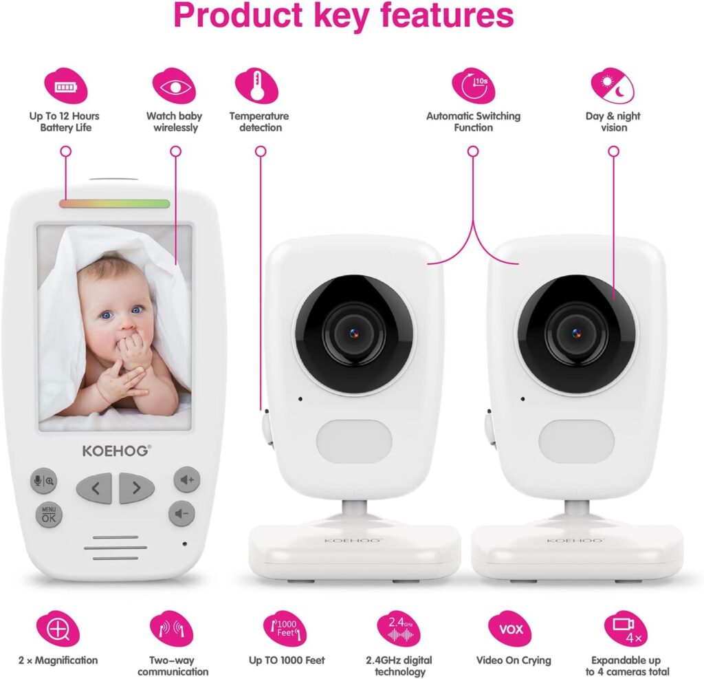 Axvue Video Baby Monitor, Slim Handheld, Non-Slip Design, 2.8 Vertical Screen Monitor  2 Camera, Range up to 1000ft, 18 Hour Battery Life, 2-Way Talk, Night Vision, Temperature Monitor, No WiFi.