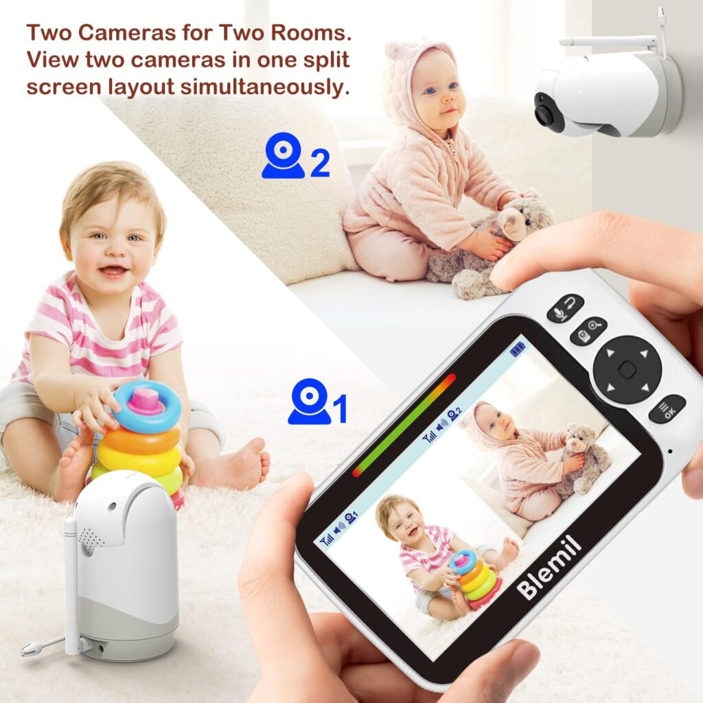 Blemil Baby Monitor,5 Large Split-Screen Video Baby Monitor with 2 Cameras and Audio, Remote Pan/Tilt/Zoom, Two-Way Talk, Room Temperature Monitor, Auto Night Vision, Power Saving/Vox