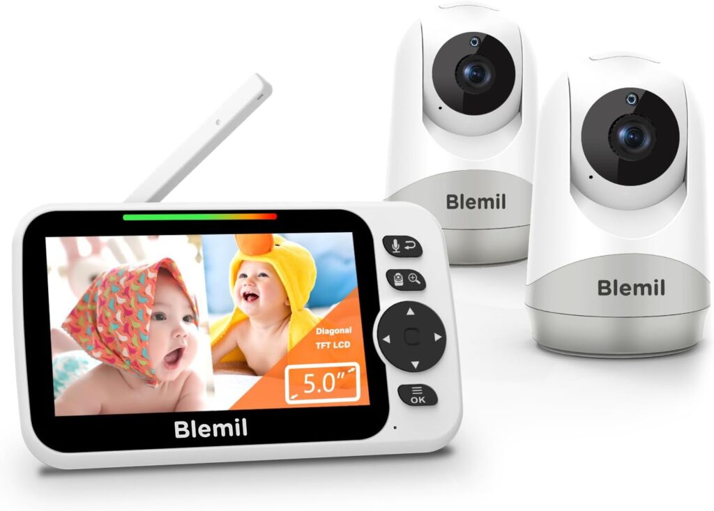 Blemil Baby Monitor,5 Large Split-Screen Video Baby Monitor with 2 Cameras and Audio, Remote Pan/Tilt/Zoom, Two-Way Talk, Room Temperature Monitor, Auto Night Vision, Power Saving/Vox