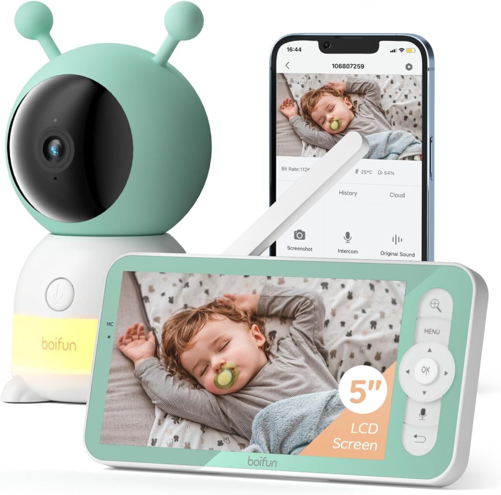 BOIFUN 5 Smart Baby Monitor, 2K WiFi Baby Camera Via Screen and App Control, Temper Humidity Sensor, Night Vision, 2-Way Talk, Cry Motion Detection, Free Smart Phone App, Works with iOS, Android