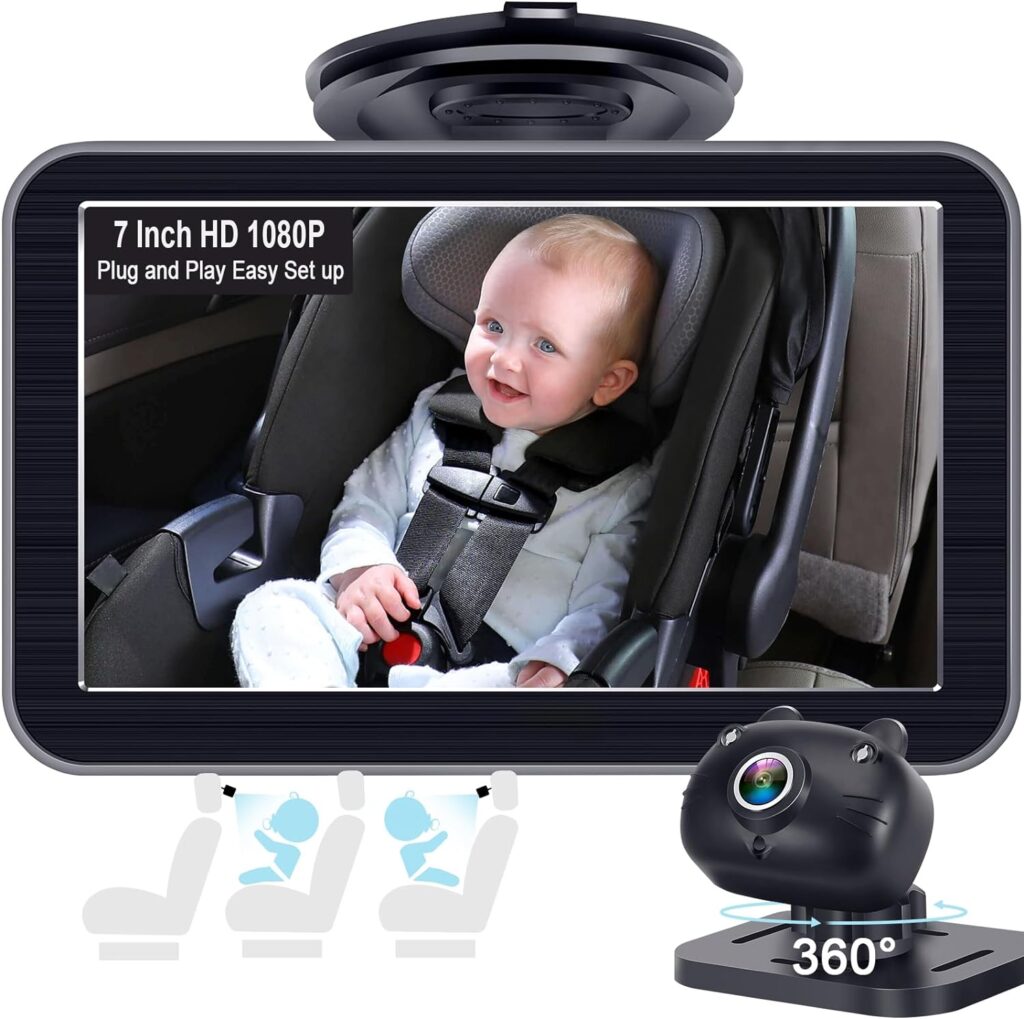 DoHonest Baby Car Camera 7-Inch: USB Plug and Play Easy Setup 360° Rotating Backseat Camera Two Kids HD 1080P Rear Facing Car Seat Camera Clear Night Vision -V9