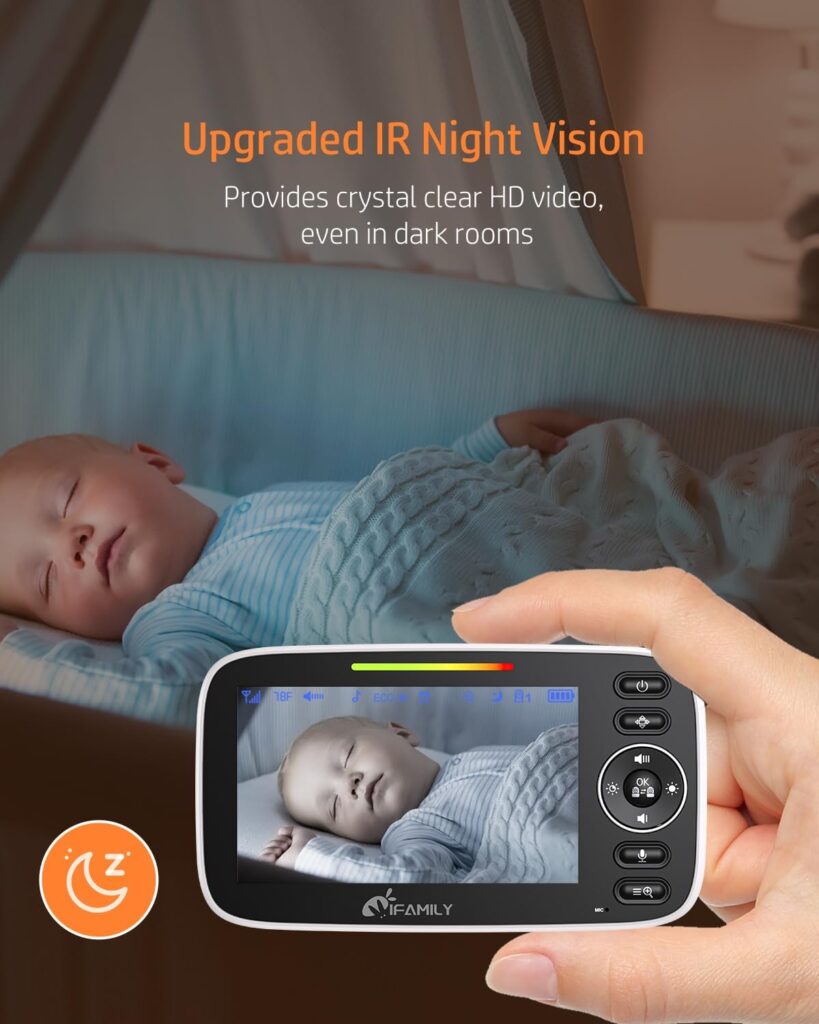 iFamily Split Screen Baby Monitor, Large Display Video Baby Monitor with 2 Cameras and Audio, Long Range, Remote pan tilt, Night Vision, Temperature Sensor, 2 Way Talk, Feeding Clock and lullabies.