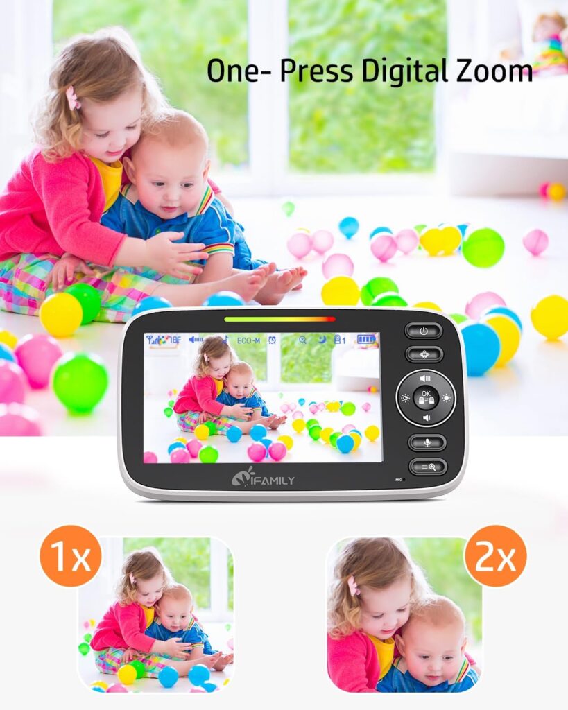 iFamily Split Screen Baby Monitor, Large Display Video Baby Monitor with 2 Cameras and Audio, Long Range, Remote pan tilt, Night Vision, Temperature Sensor, 2 Way Talk, Feeding Clock and lullabies.