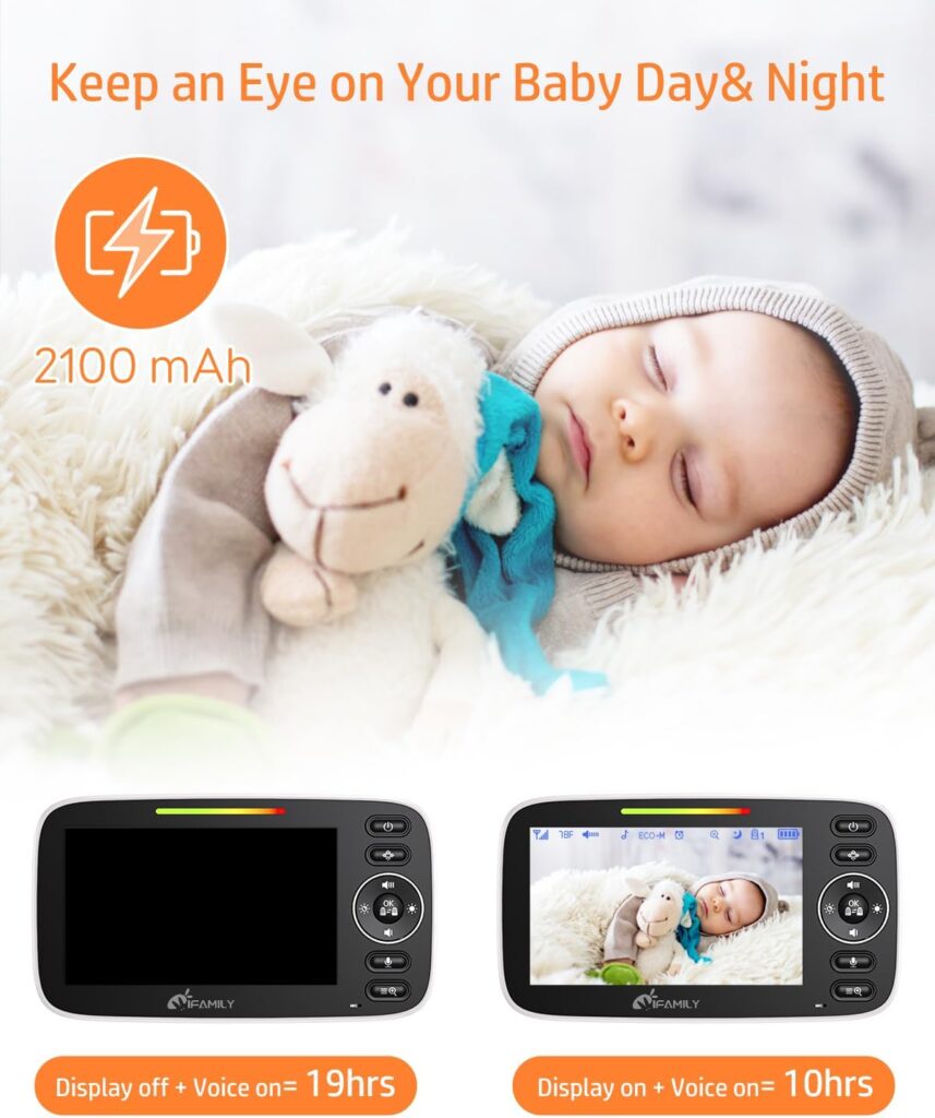 iFamily Split Screen Baby Monitor, Large Display Video Baby Monitor with 2 Cameras and Audio, Long Range, Remote pan tilt, Night Vision, Temperature Sensor, 2 Way Talk, Feeding Clock and lullabies.