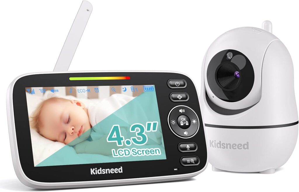 Kidseneed Baby Monitor, 4.3 Split Screen, 19 Hours Battery Life Baby Monitor with Camera and Audio|Remote PTZ, Two-Way Audio, Zoom, Night Vision, Lullabies, 960ft Long Range (Open Space)