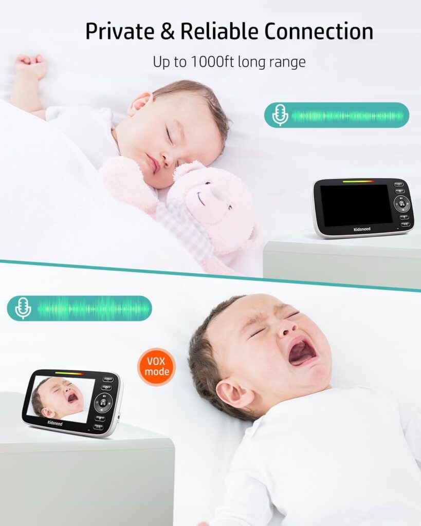 Kidseneed Baby Monitor, 4.3 Split Screen, 19 Hours Battery Life Baby Monitor with Camera and Audio|Remote PTZ, Two-Way Audio, Zoom, Night Vision, Lullabies, 960ft Long Range (Open Space)