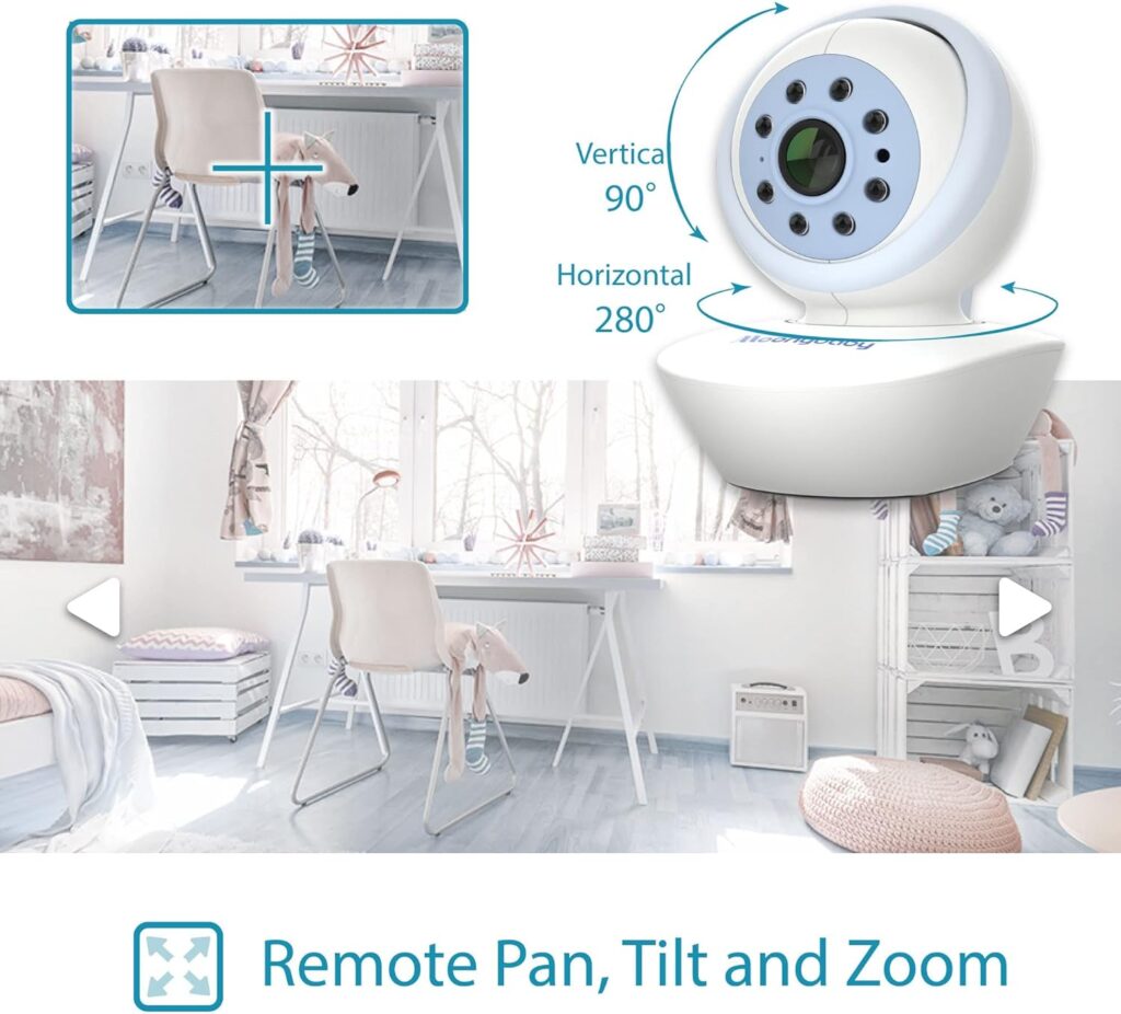 Moonybaby EMF Reduction Long Range Baby Monitor with A.N.R. (Auto Noise Reduce), 720P HD Resolution 5 Display, Pan and Tilt Zoom Camera, Model: QuadView50