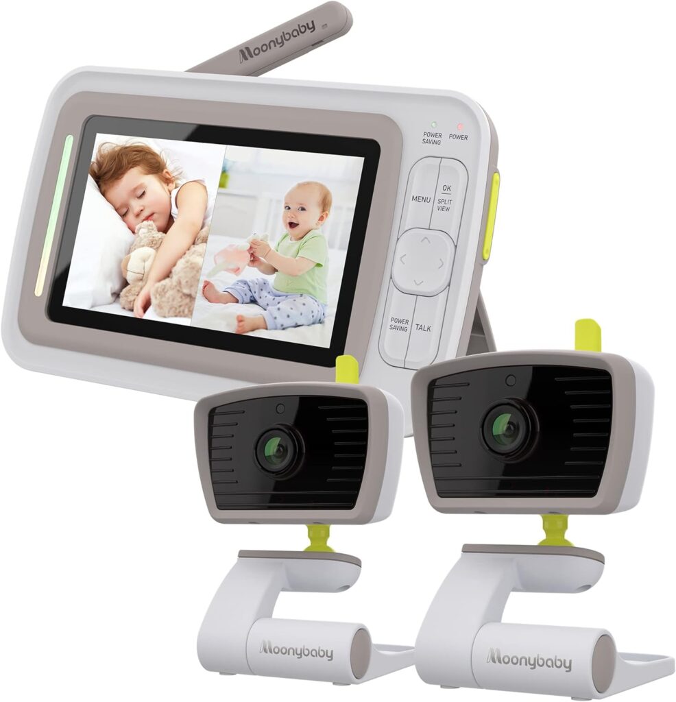 Moonybaby Split Screen Baby Monitor with 2 Cameras and Audio, Model: Split 30, No WiFi, Extended 12hrs Battery Life, Wide View, Long Range, Auto Night Vision, 4.3 Large Screen, Lullaby, 2-Way Audio