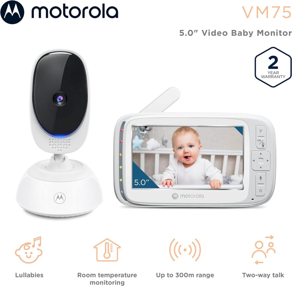 Motorola VM75 Indoor Video Baby Monitor with Camera - 480x272p, 1000ft Range 2.4 GHz Wireless 5 Screen, 2-Way Audio, Remote Pan, Digital Tilt, Zoom, Room Temperature Sensor, Lullabies, Night Vision