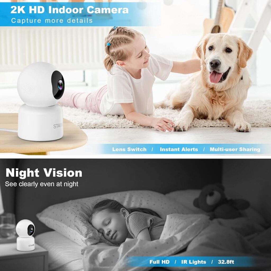 STAMOL Security Camera Indoor, 2K Cameras for Home Security/Baby Monitor/Dog/Elderly, Smart 2.4G WiFi Pet Camera with Phone App, Motion Detection, Pan Tilt, 2 Way Audio, TF Card/Cloud Storage