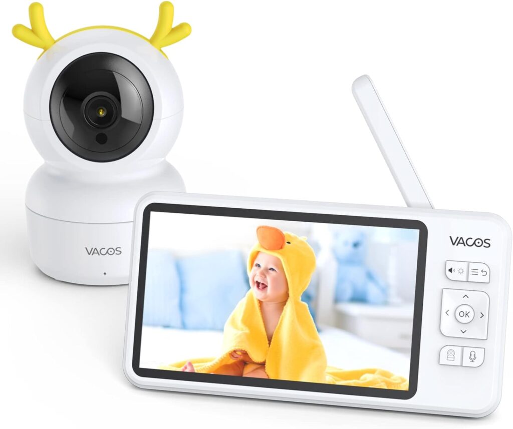 VACOS Video Baby Monitor with Camera and Audio - Baby Camera Monitor No WiFi with 720P 5 HD Display, Temperature  Motion  Sound Alert, Remote Pan Tilt and Zoom, Night Vision, 1000ft Range, VOX