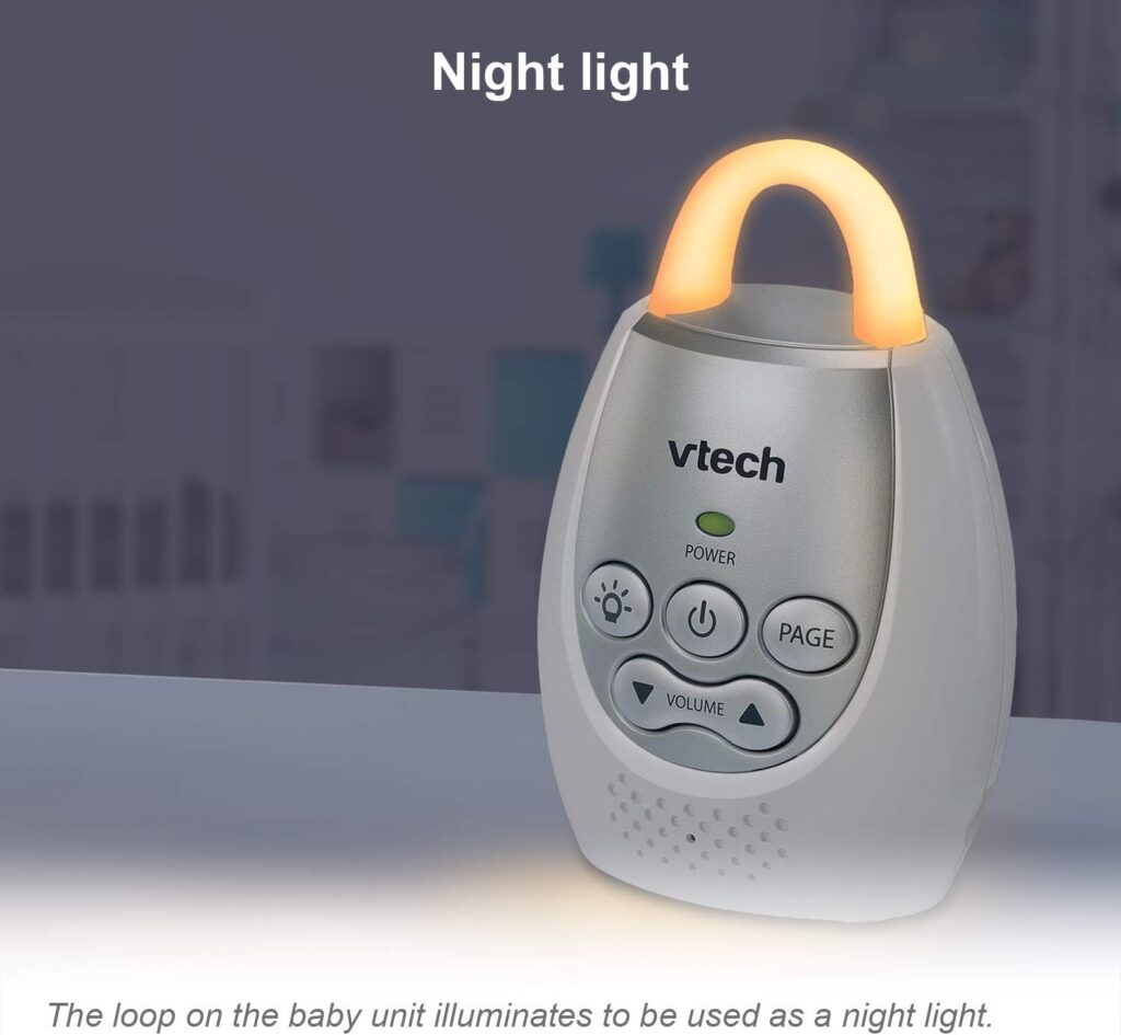 VTech DM221 Audio Baby Monitor with up to 1,000 ft of Range, Vibrating Sound-Alert, Talk Back Intercom  Night Light Loop, White/Silver