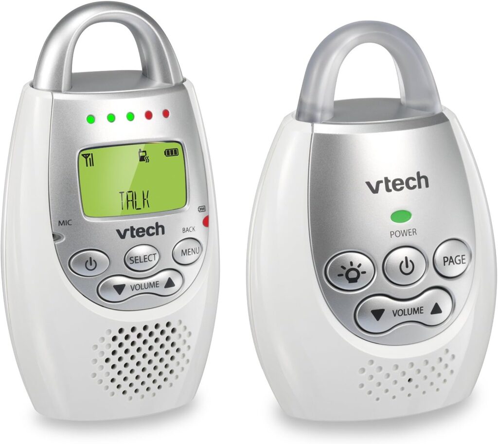 VTech DM221 Audio Baby Monitor with up to 1,000 ft of Range, Vibrating Sound-Alert, Talk Back Intercom  Night Light Loop, White/Silver