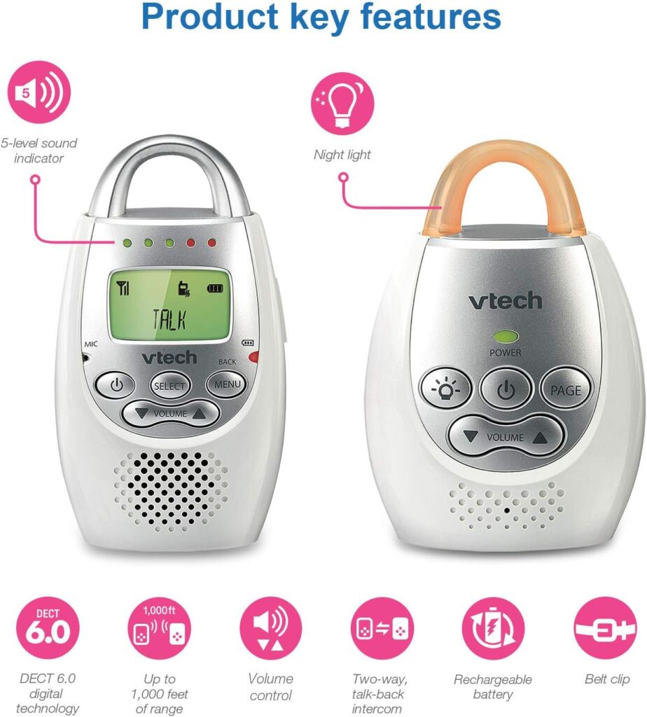 VTech DM221 Audio Baby Monitor with up to 1,000 ft of Range, Vibrating Sound-Alert, Talk Back Intercom  Night Light Loop, White/Silver