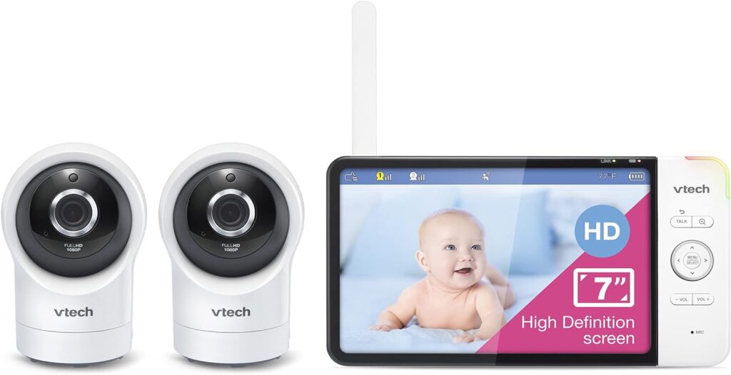 VTech RM7764-2HD 1080p Smart WiFi Remote Access 2Camera BabyMonitor, 360° PanTilt, 10X Zoom, 7” 720p HD Display  NightVision, Soothing Sounds, 2-Way Talk, TemperatureMotion Detection, iOSAndroid