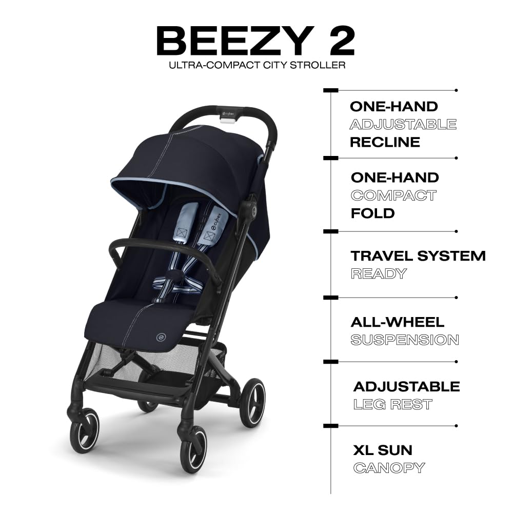 CYBEX Beezy Stroller, Lightweight Baby Stroller, Compact Fold, Compatible with All CYBEX Infant Seats, Stands for Storage, Easy to Carry, Multiple Recline Positions, Travel Stroller, River Blue