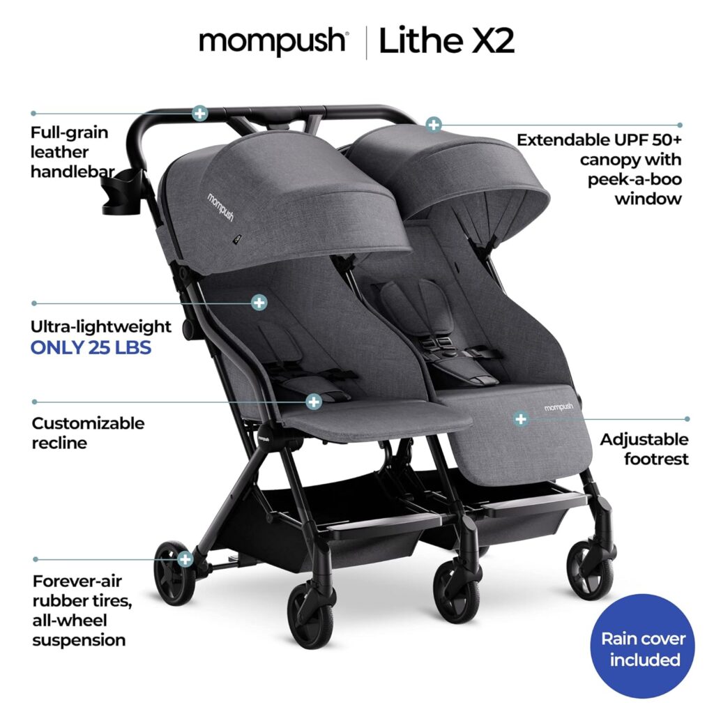 Mompush Lithe Double Ultralight Stroller, Lightweight Side by Side Stroller, Two Large Seats with Individual Recline, Easy Fold